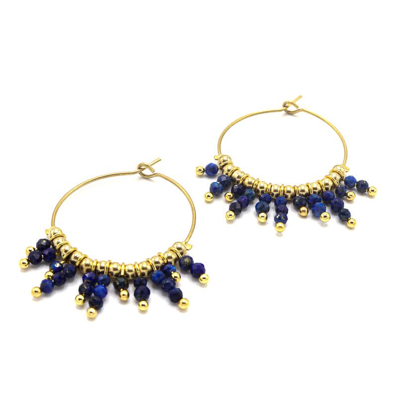 Photo du produit  Créoles Pampilles Chainette perlée - Or Acier Pierre lapis lazuli