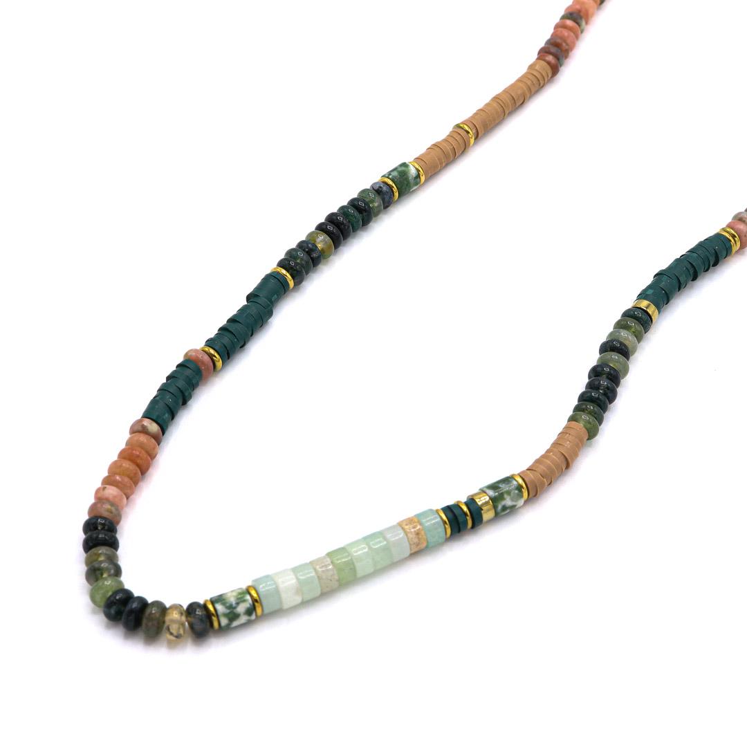 Photo du produit  Collier Long Gomme - Or Gomme et Pierre Malachite et Pierre de Soleil 