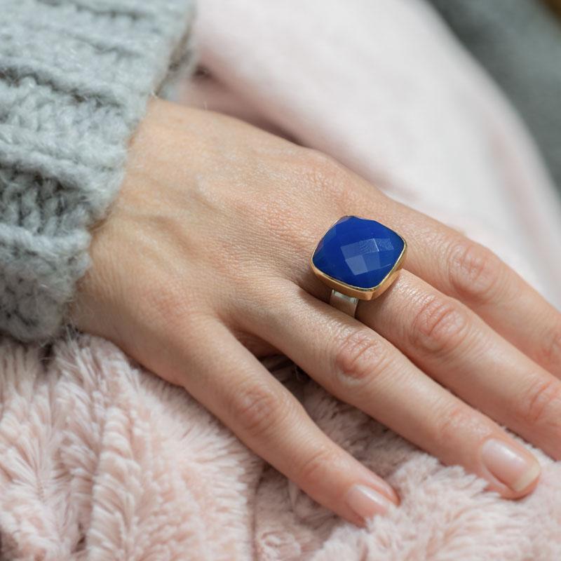 Photo du produit  Bague Argent et Laiton Calcédoine Bleue Carrée