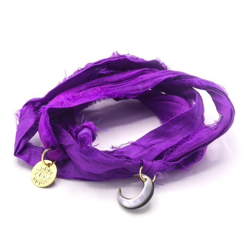 Photo du produit  Bracelet Ruban de Soie - Violet Médaille Lune Nacre Grise