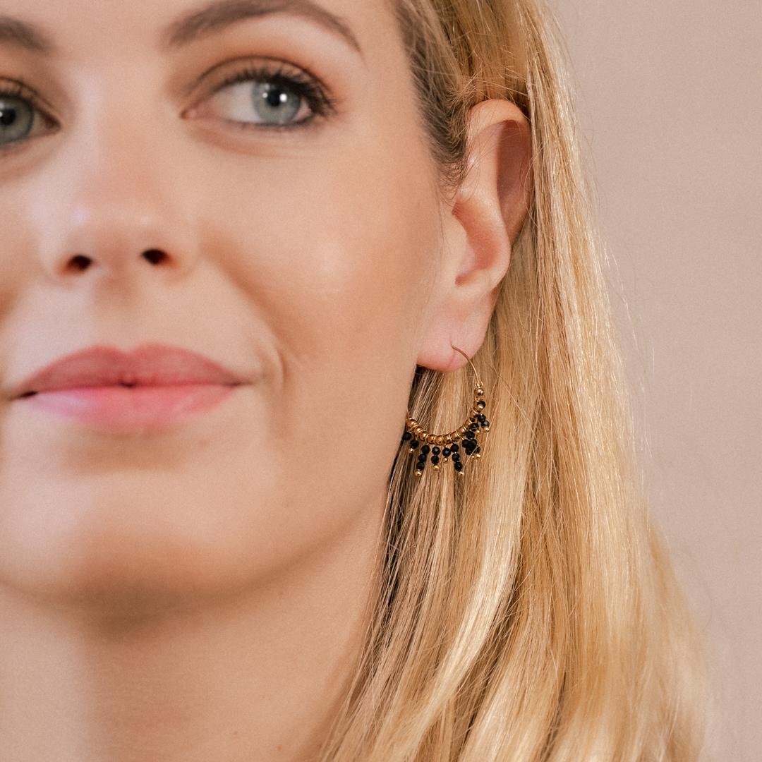 Photo du produit  Créoles Pampilles Chainette perlée - Or Acier Pierre Onyx Noir