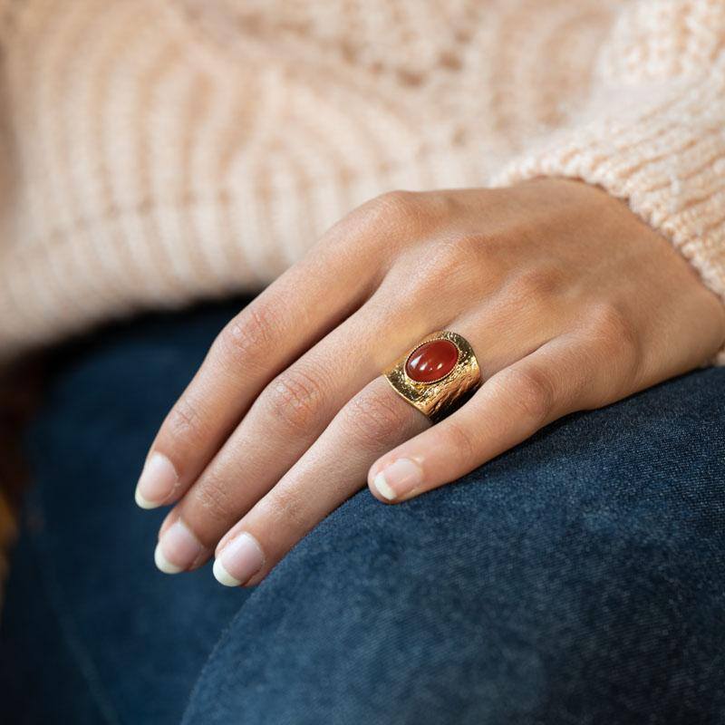 Photo du produit Argelouse Bague Martelée Jade et Pierre Ovale - Or Cornaline