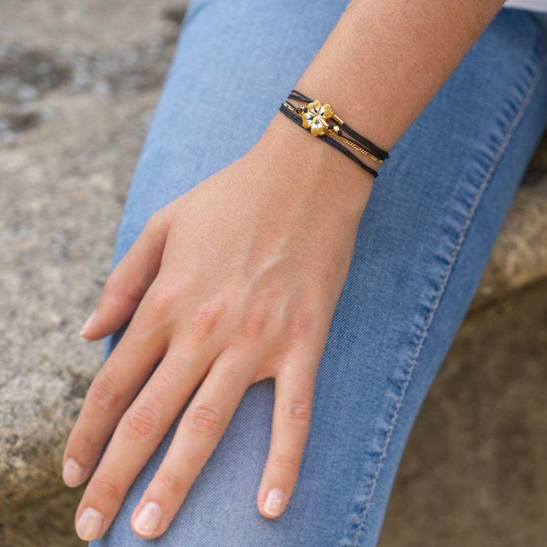 Photo du produit  Bracelet Chance Multi Email - Doré Or Cordon Violet Trèfle Emaillé Grenat
