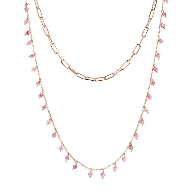 Photo du produit Bronzallure Collier Double Rang Maille Rectangle et Maille Perlée - Or Rose Pierre Ruby Moonstone