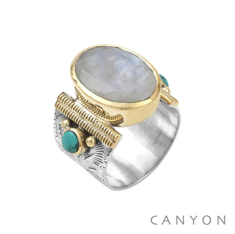 Photo du produit Canyon Bague Pierre de lune blanche/laiton/turquoise - 