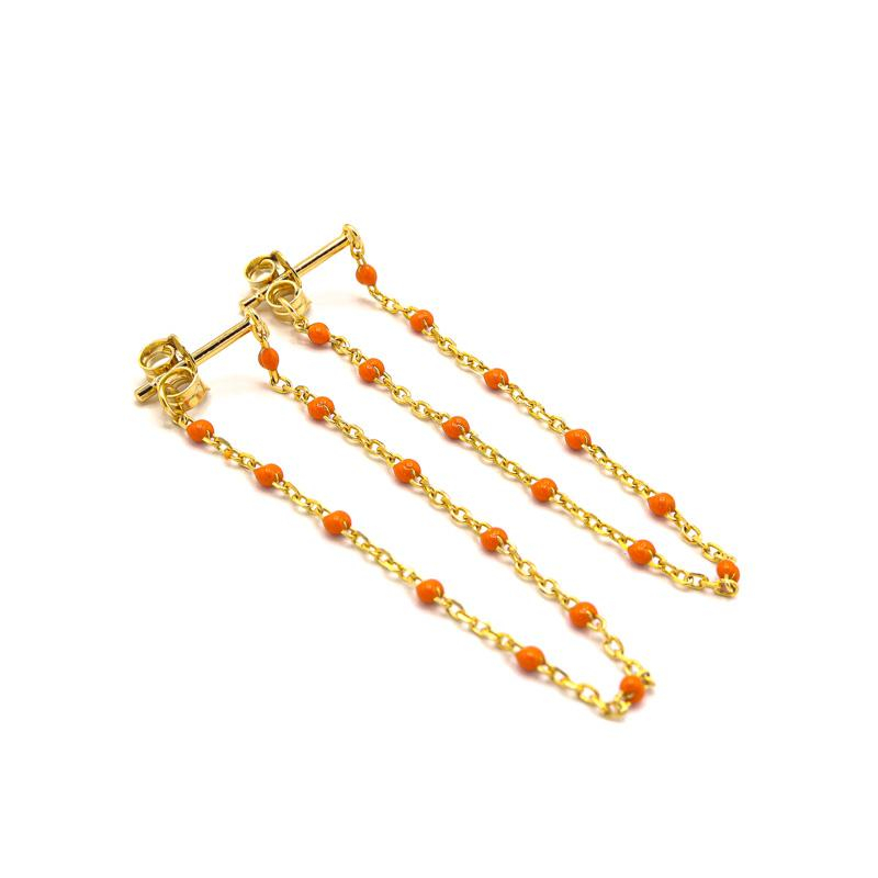 Photo du produit  Boucles d'Oreilles Puces Chainette Perlée - Doré Or Couleur Orange