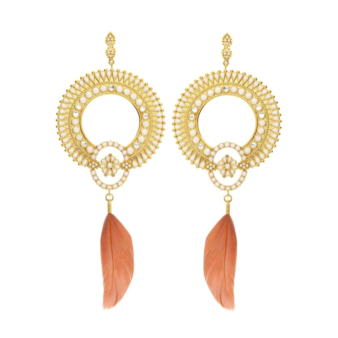 Photo du produit  Boucles d'Oreilles Azana - Doré Or Email Blanc Plumes Caramel