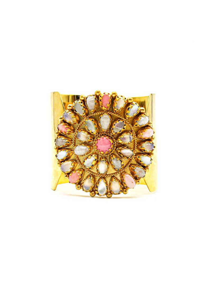 Photo du produit  Manchette Big Flower Eve - Or Pierre de Lune Opale Rose Opalite Nacre