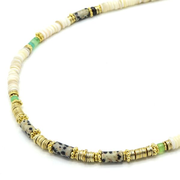 Photo de  Collier Heishi - Doré Or Pierre Nacre Chrysoprase Jaspe Dalmatien