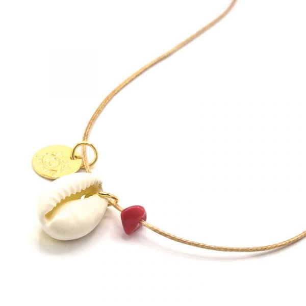  Collier Cordon Cowrie - Or Pierre Corail