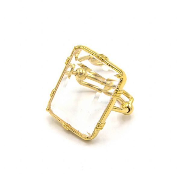  Bague Pierre Rectangle - Doré Or Pierre Cristal de Roche