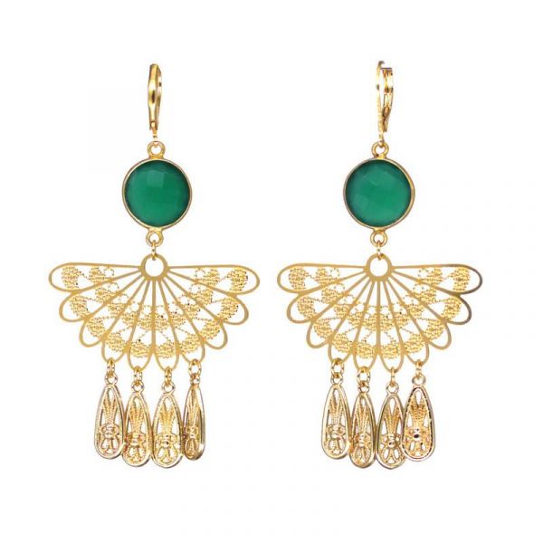 Photo de  Boucles d'Oreilles Cléopâtre Éventail - Doré Or Pierre Agate Verte 