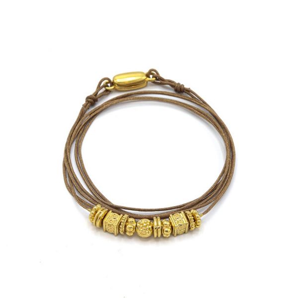  Bracelet Cordon 3 Tours Christy - Doré Or Perles Ouvragées Cordon Beige Foncé