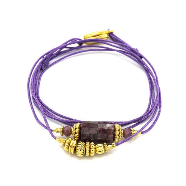  Bracelet Erika - Doré Or Pierre Quartz Fumée Cordon Violet