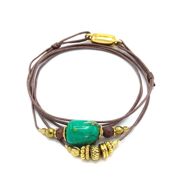  Bracelet Erika - Doré Or Pierre Turquoise Cordon Taupe 