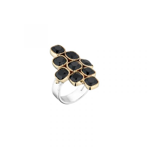  Bague Losange - Argent Laiton Doré Onyx Noir