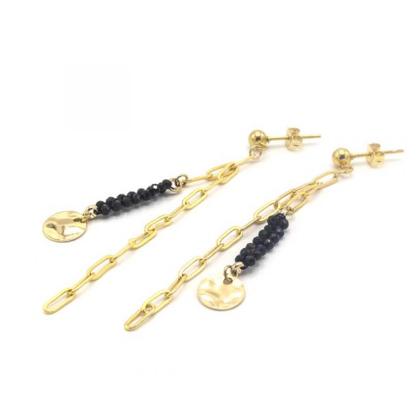 Photo de  Boucles d'Oreilles Chaine Barrette - Doré Or Onyx Noir