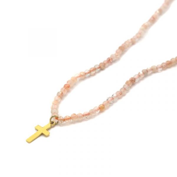 Photo de  Collier Facetté Pendentif Croix - Doré Or Pierre de Lune Rose