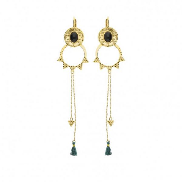 Photo de  Boucles d'Oreilles Anatolia Cabochon Noir Pompon Vert - Doré Or Pierre Onyx Noir 