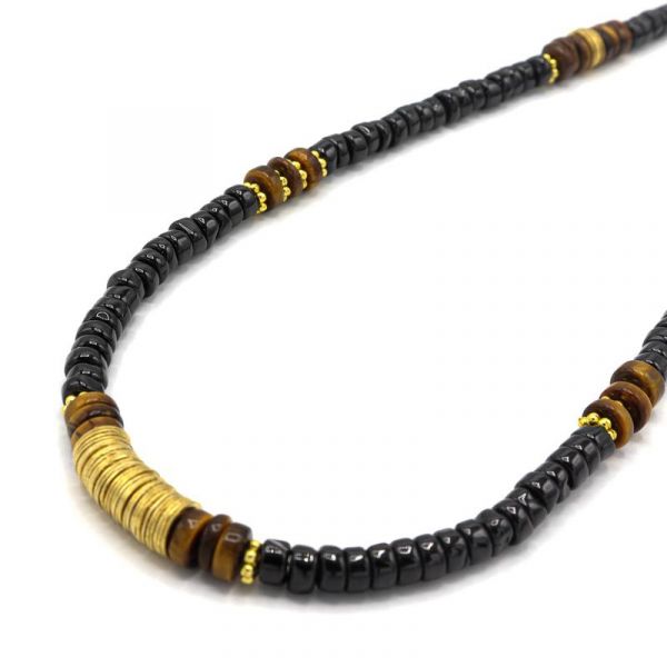  Collier Heishi Flora - Or Pierre Onyx Noir