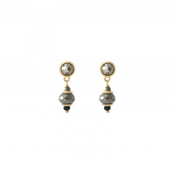Photo de  Boucles d'Oreilles Silma - Doré Or Pierre Onyx et Pyrite