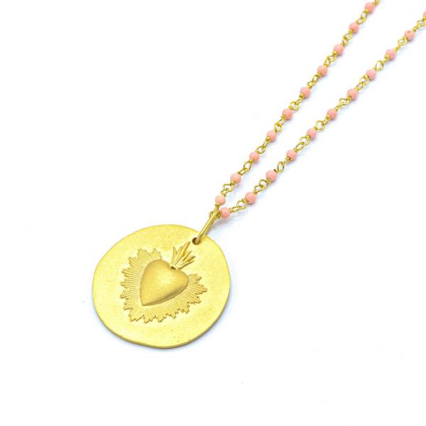 Photo de  Collier Inde Médaille - Or Perles Opale Rose Médaille Ex Voto