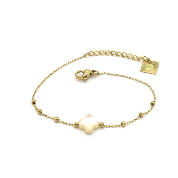  Bracelet Perlé Trèfle - Acier Or Pierre Nacre Blanche 