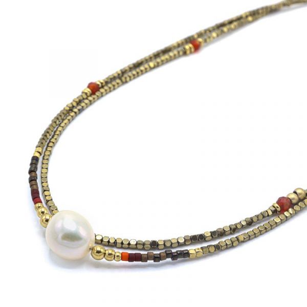 Photo de Zag Collier Multi Perles Cabochon Perle Nacre Blanche - Acier Or Perle Pierre Cornaline