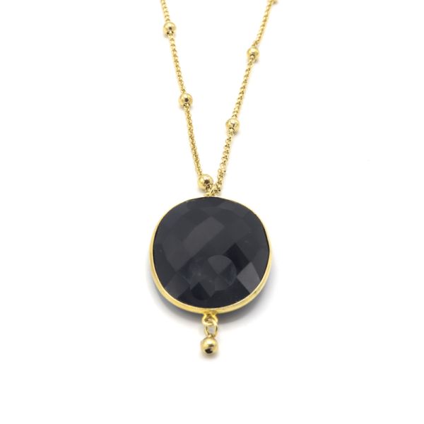  Sautoir Garance Pierre Ovale et Chaîne Billes - Doré Or Pierre Onyx Noir