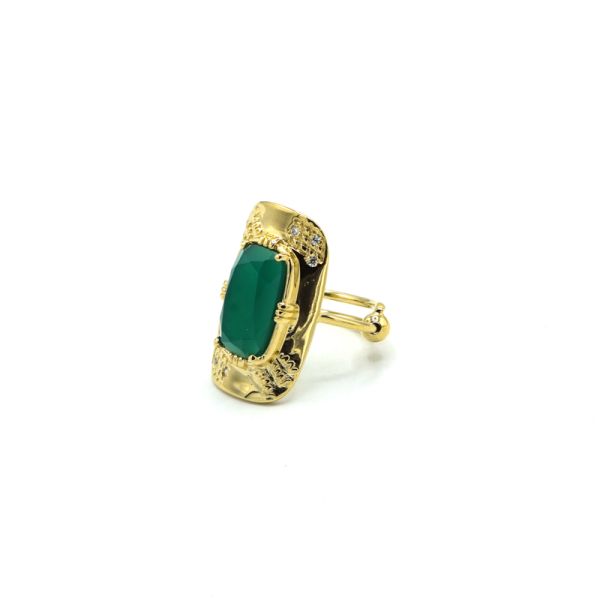  Bague Rectangle - Doré Or Pierre Onyx Vert