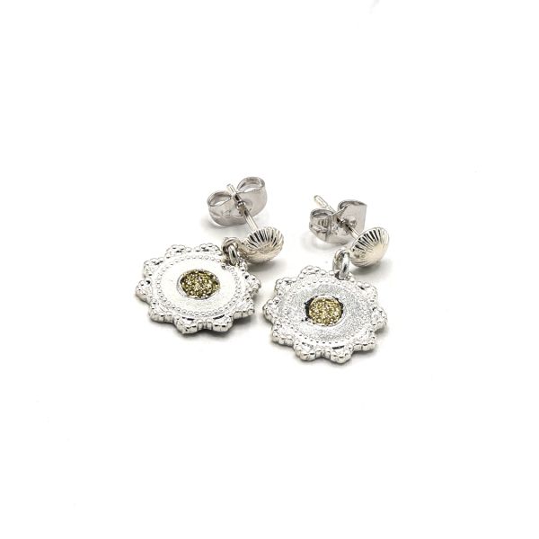 Photo de  Boucles d'Oreilles Médaille Fleur - Plaqué Argent Paillettes dorées