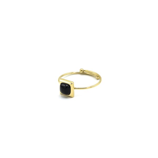 Photo de Bague Fine Cabochon Carré - Acier Doré Pierre Onyx Noir