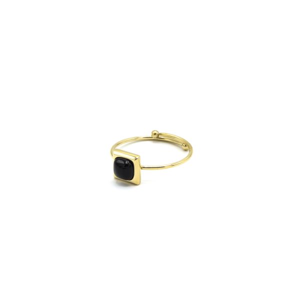  Bague Fine Cabochon Carré - Acier Doré Pierre Onyx Noir