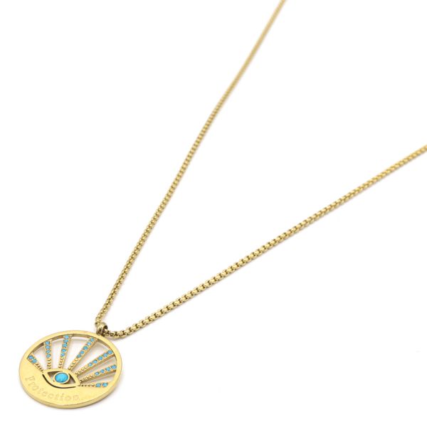 Photo de Collier Médaille Protection Oeil Strassé Acier Or