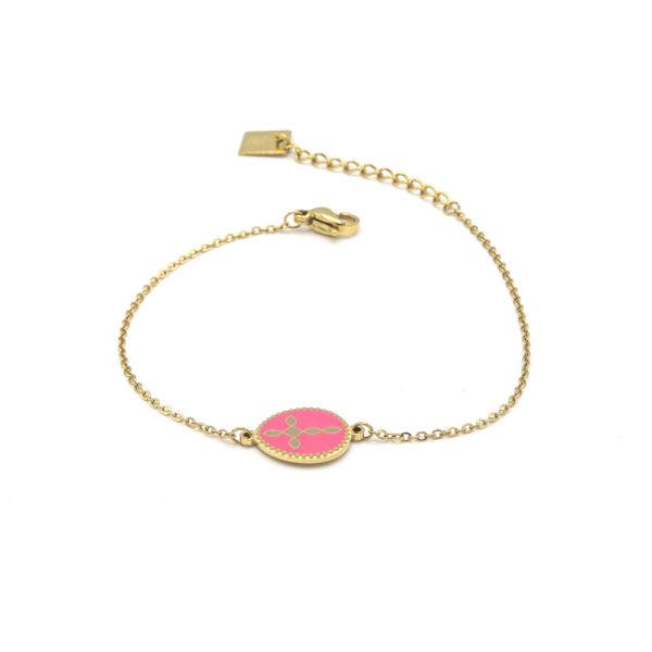 Photo de  Bracelet Médaille Ovale Email Rose et Croix - Acier Doré