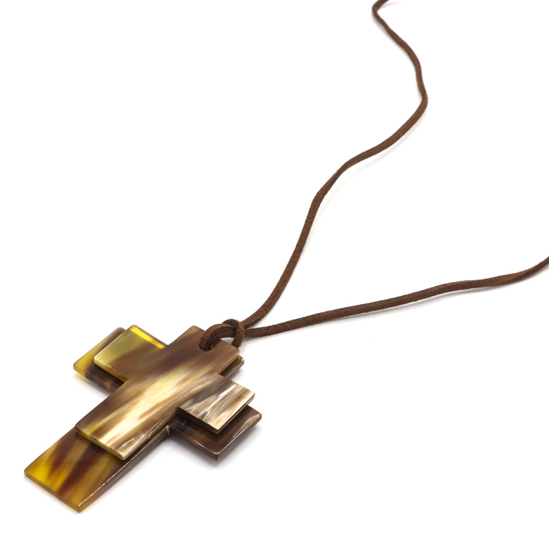 Photo du produit  Collier Croix Double Lien Suédine - Corne Naturelle Marron TU