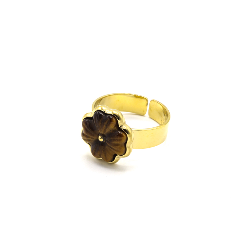 Photo du produit  Bague Fleur Pierre - Acier Doré Pierre Oeil de Tigre 