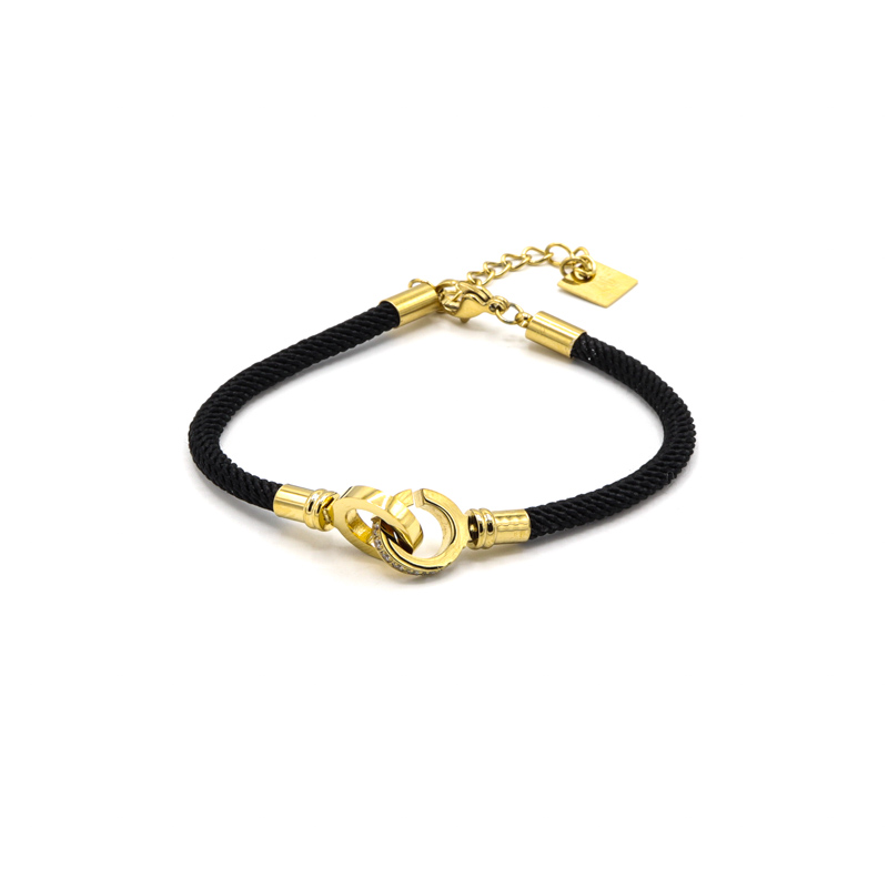 Photo du produit  Bracelet Tassy Cordon Menottes Zircons - Acier Doré Cordon Noir