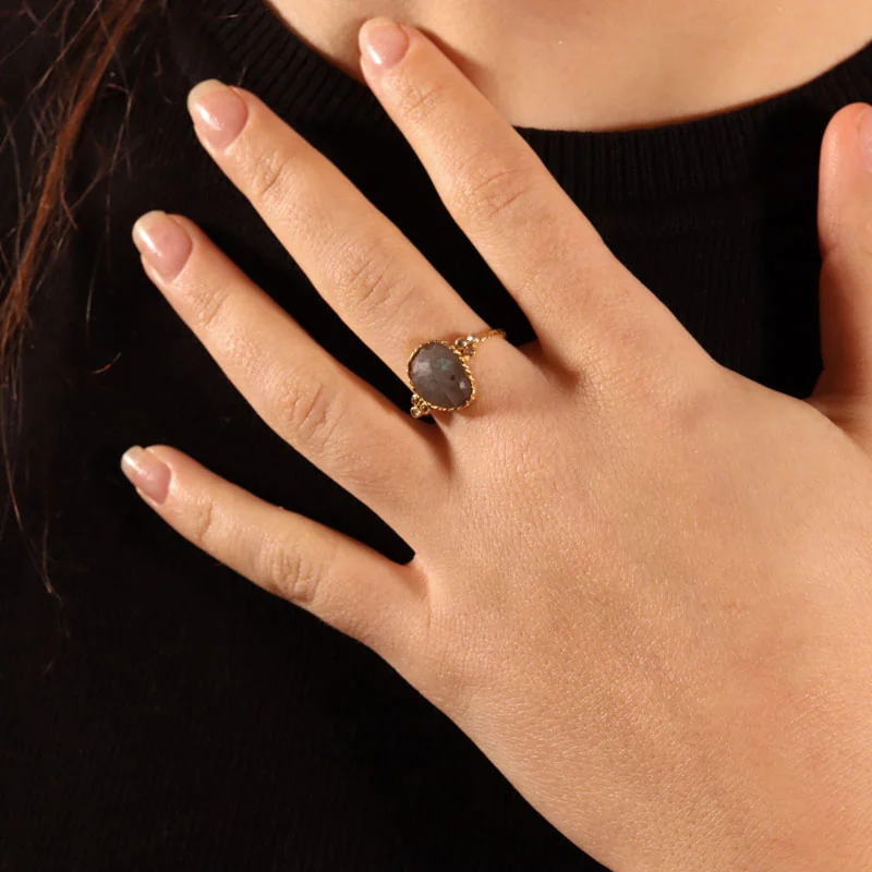Bague Margot - Vermeil Pierre Labradorite Diamant Rose – Image 2